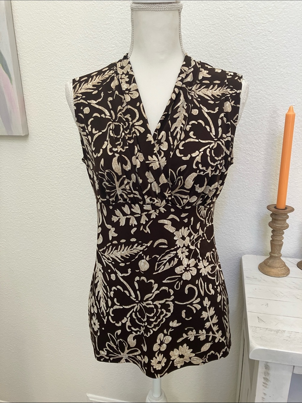 Vintage Y2k Sleeveless Brown Floral Print Surplice Blouse